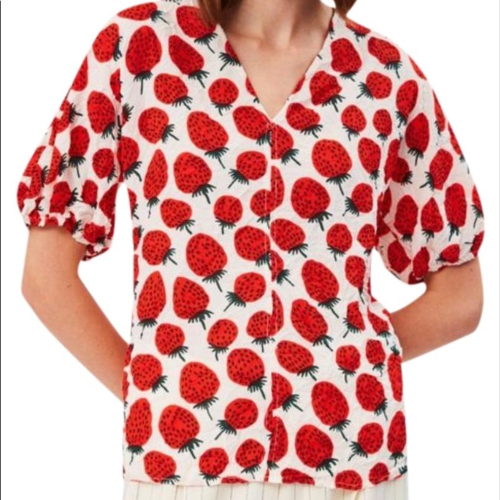 Marimekko Lehtevä Mansikka Strawberry Print Top Crinkle Puff Sleeve